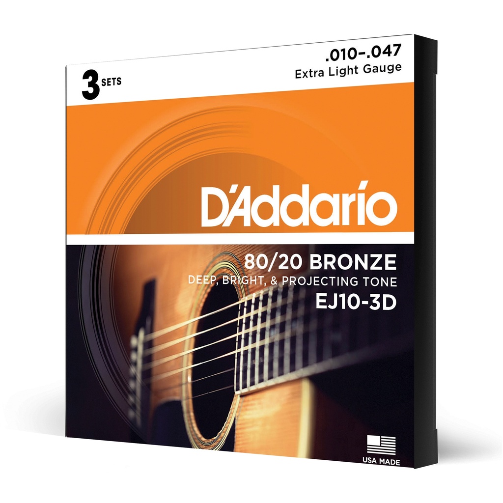 D'Addario EJ10-3D 80/20 Bronze Acoustic Guitar Strings, Extra Light, 10-47, 3 Sets