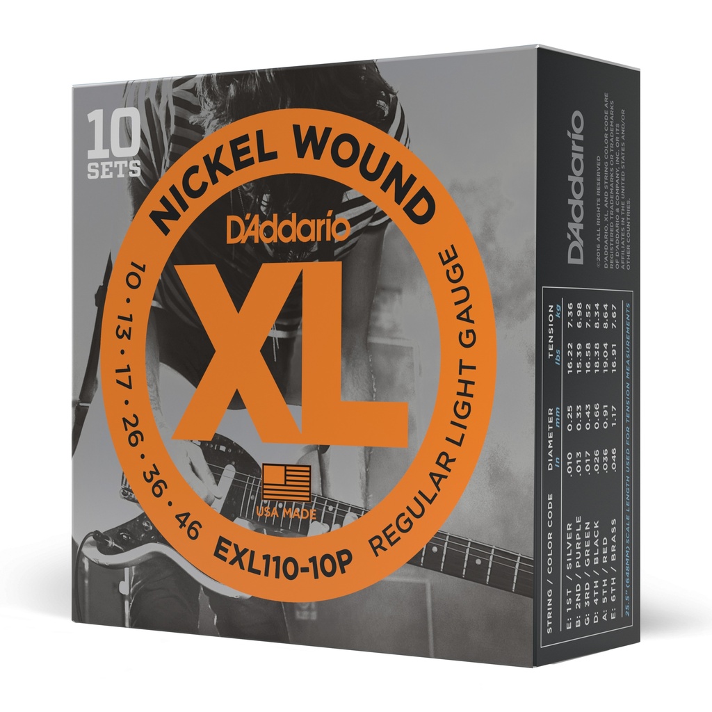 D'Addario EXL110-10P XL Nickel Wound Jeu de cordes pour guitare électrique Tirant Regular Light (.010-.046) 10 Jeux