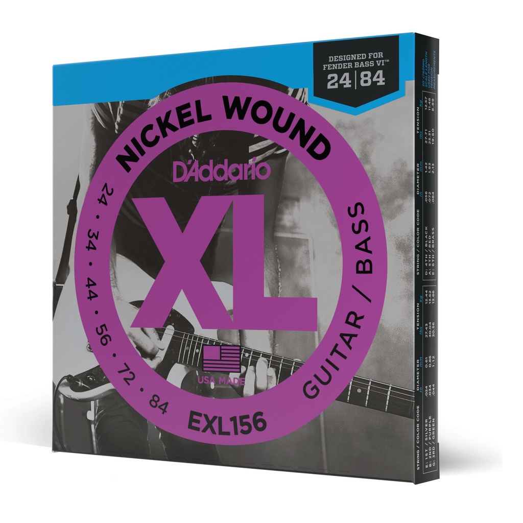D'Addario EXL156 Nickel Wound Electric Guitar/Nickel Wound Bass Strings, Fender Nickel Wound Bass VI, 24-84