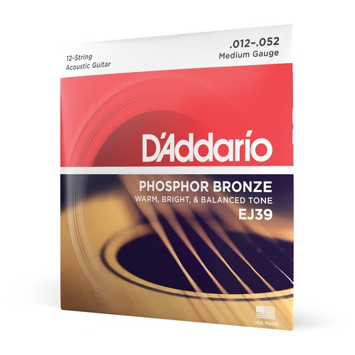 [EJ39] D'Addario Cordes en bronze phosphoreux pour guitare acoustique 12 cordes D'Addario EJ39, Medium, 12-52
