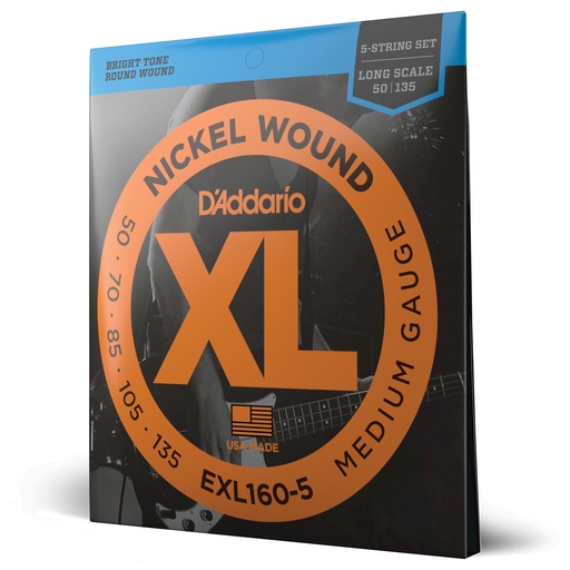 [EXL160-5] D'Addario Cordes en nickel pour basse 5 cordes D'Addario EXL160-5, Medium, 50-135, cordes longues