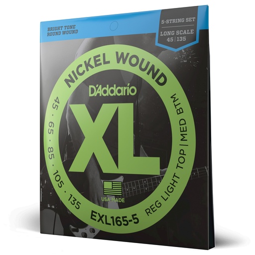 [EXL165-5] D'Addario EXL165 5-String Nickel Wound Bass Guitar Strings, Custom Light, 45-135, Long Scale