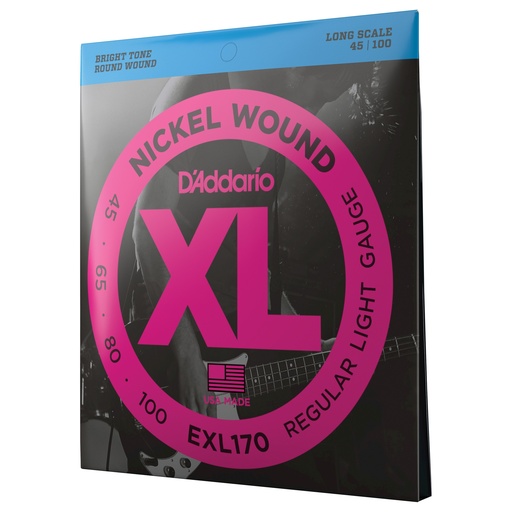 D'Addario Cordes en nickel pour basse D'Addario EXL170, Light, 45-100, cordes longues