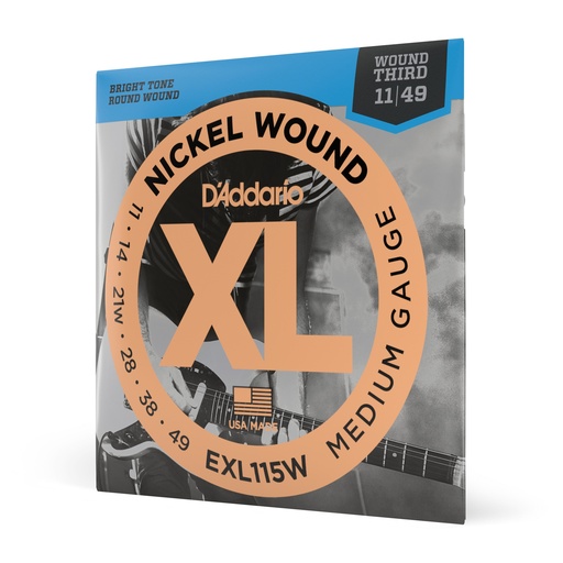 [EXL115W] D'Addario Cordes en nickel pour guitare électrique D'Addario EXL115, Medium/Blues-Jazz Rock, 3ème corde avec filet, 11-49