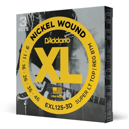 [EXL125-3D] D'Addario Cordes en nickel pour guitare électrique D'Addario EXL125-3D, Super Light Top/Regular Bottom, 9-42, 3 Jeux