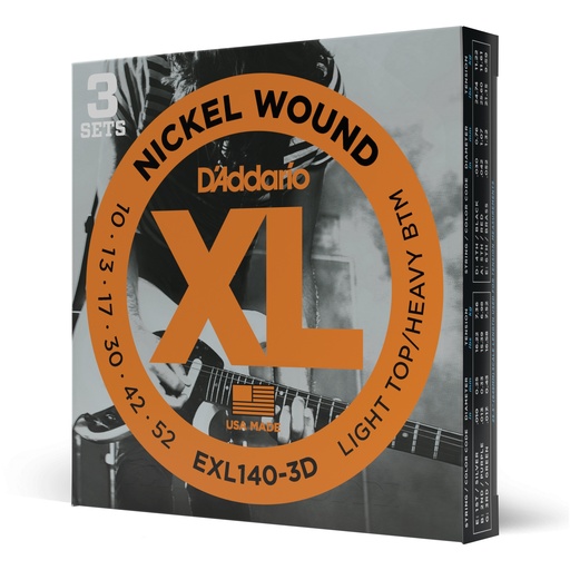 [EXL140-3D] D'Addario Cordes en nickel pour guitare électrique D'Addario EXL140-3D, Light Top/Heavy Bottom, 10-52, 3 Jeux
