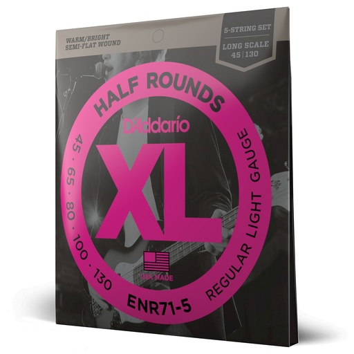 D'Addario Cordes pour basse 5 cordes avec filet demi-rond D'Addario ENR71-5, Regular Light, 45-130, cordes longues