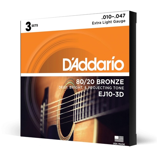 [EJ10-3D] D'Addario EJ10-3D 80/20 Bronze Acoustic Guitar Strings, Extra Light, 10-47, 3 Sets