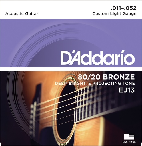 [EJ13] D'Addario EJ13 80/20 Bronze Acoustic Guitar Strings, Custom Light, 11-52