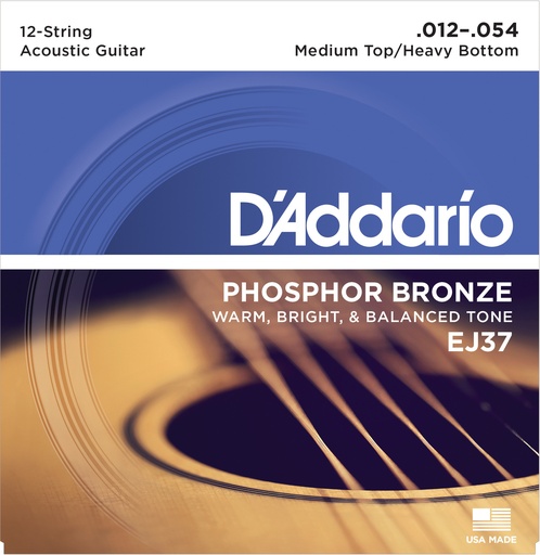 [EJ37] D'Addario EJ37 12-String Phosphor Bronze Acoustic Guitar Strings, Medium Top/Heavy Bottom, 12-54