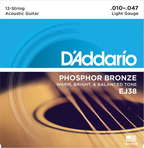 [EJ38] D'Addario EJ38 12-String Phosphor Bronze Acoustic Guitar Strings, Light, 10-47
