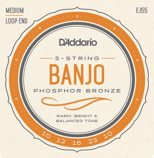 [EJ55] D'Addario EJ55 5-String Banjo Strings, Phosphor Bronze, Medium, 10-23