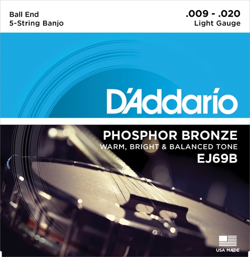 [EJ69B] D'Addario EJ69 5-String Ball-End Banjo Strings, Phosphor Bronze, Light, 9-20