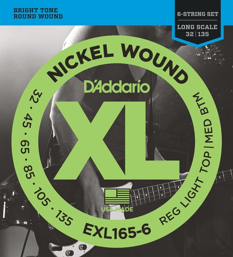 [EXL165-6] D'Addario EXL165-6 6-String Nickel Wound Bass Guitar Strings, Custom Light, 32-135, Long Scale